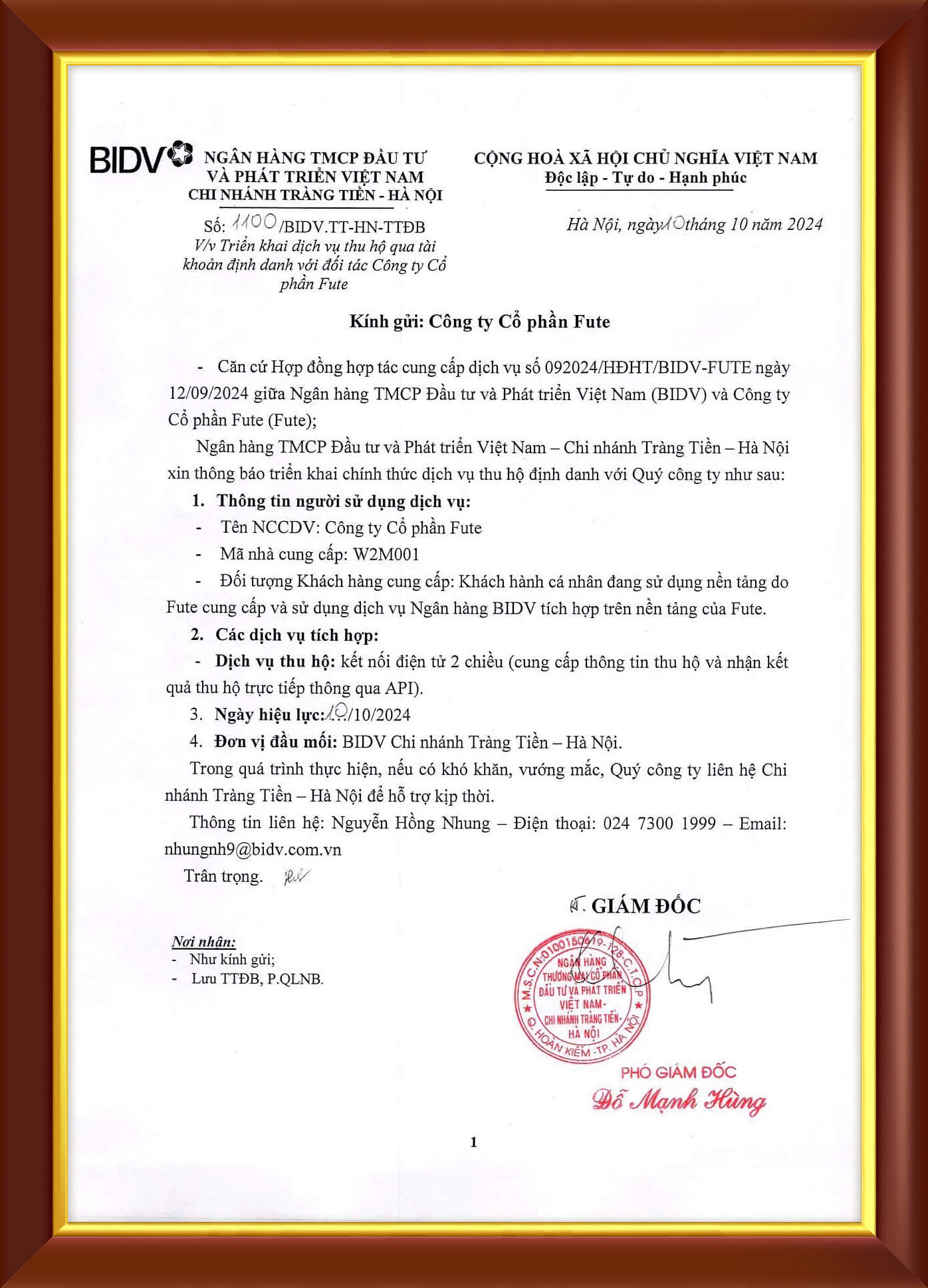 Công văn hợp tác giữa Pay2S và BIDV