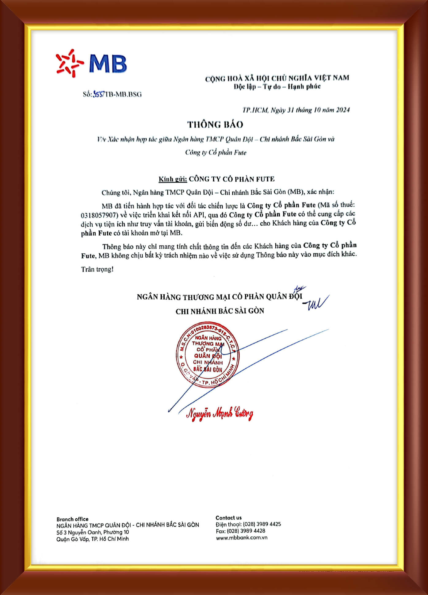 Công văn hợp tác giữa Pay2S và MB Bank
