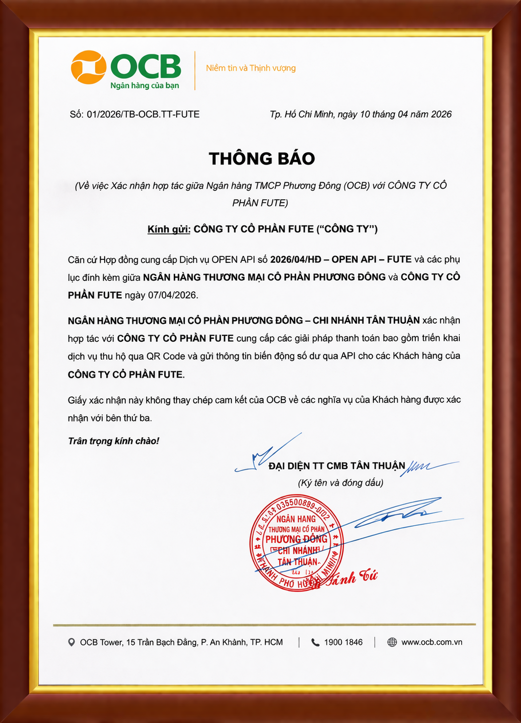 Công văn hợp tác giữa Pay2S và OCB