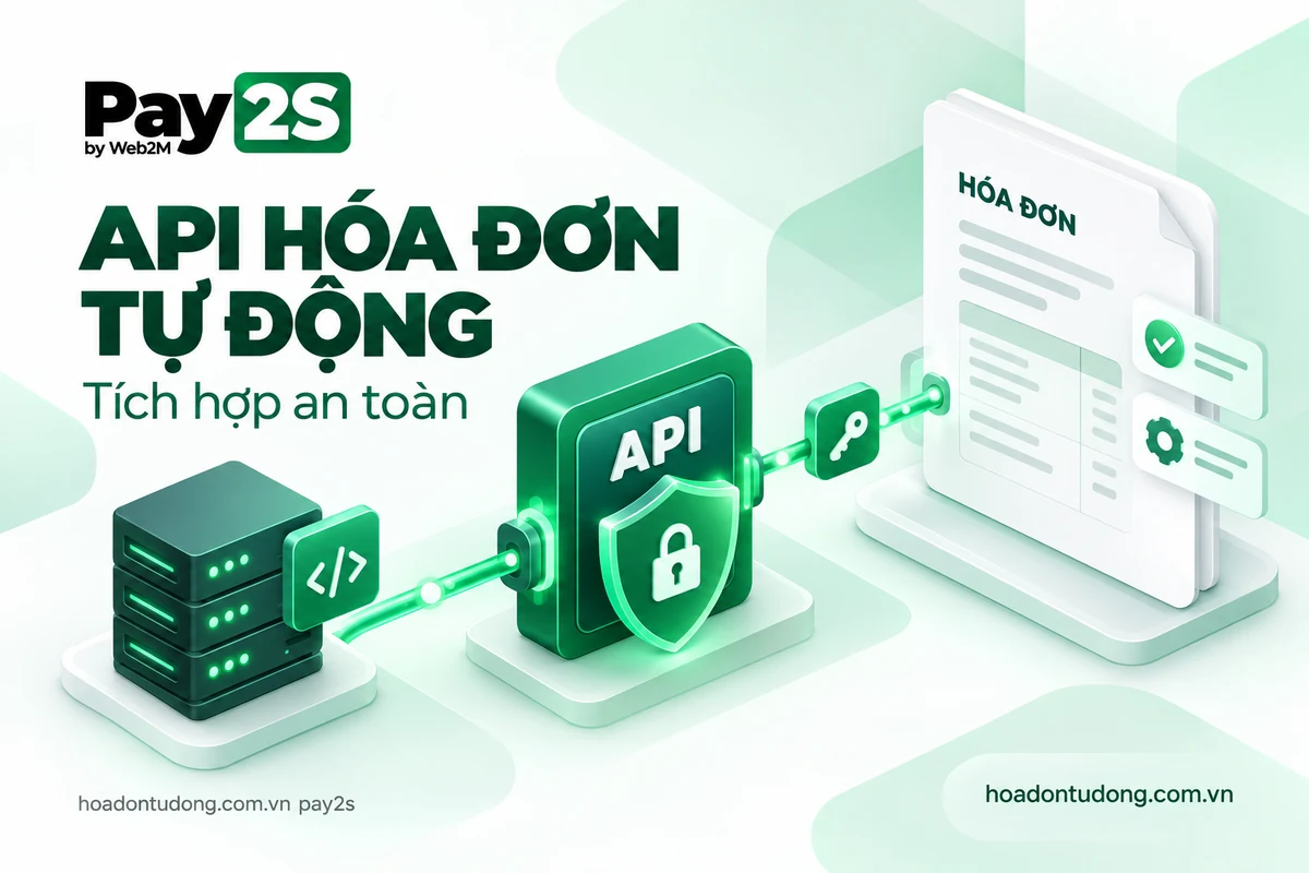 API hóa đơn tự động Pay2S kết nối máy chủ với hóa đơn nháp qua cổng xác thực, minh họa bảo mật và chống trùng.