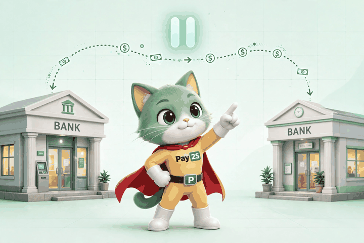 Hoạt họa mèo Pay2S — chuyển tiền liên ngân hàng bị treo