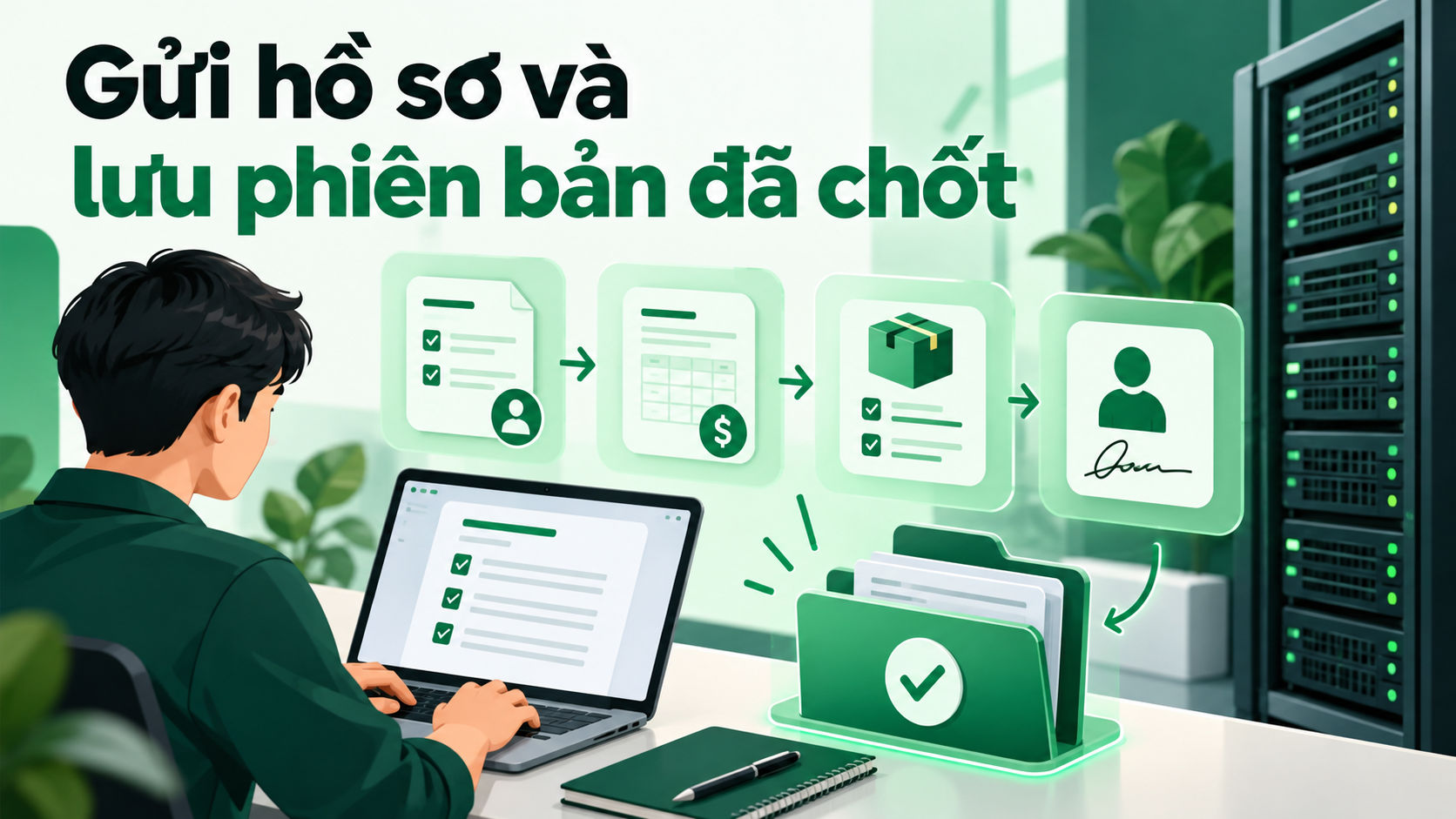 Gửi hồ sơ và lưu phiên bản đã chốt — minh họa nội dung bài Mẫu yêu cầu báo giá thuê máy chủ: điền đúng để so sánh cùng cấu hình