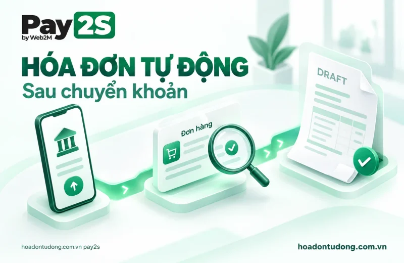 Quy trình hóa đơn tự động sau chuyển khoản: kết nối giao dịch, đối chiếu đơn hàng và tạo nháp trên Pay2S.