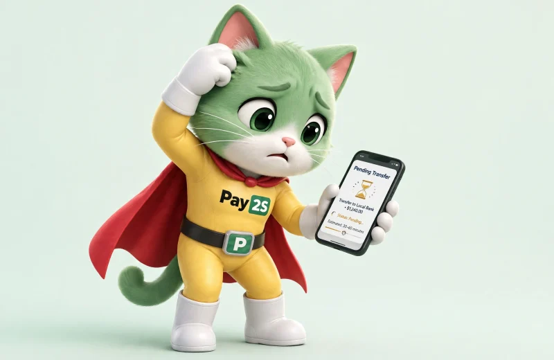 Mèo Pay2S lo lắng nhìn giao dịch Vietcombank bị treo trên điện thoại