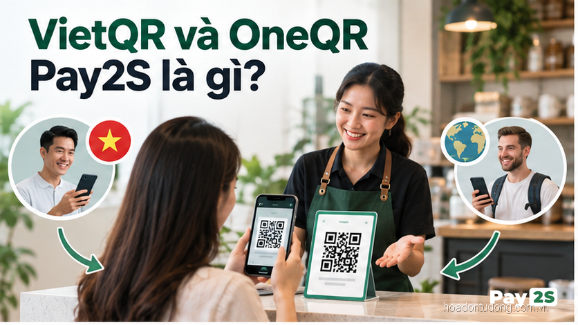 Minh họa VietQR và OneQR Pay2S tại điểm bán trong nước và quốc tế