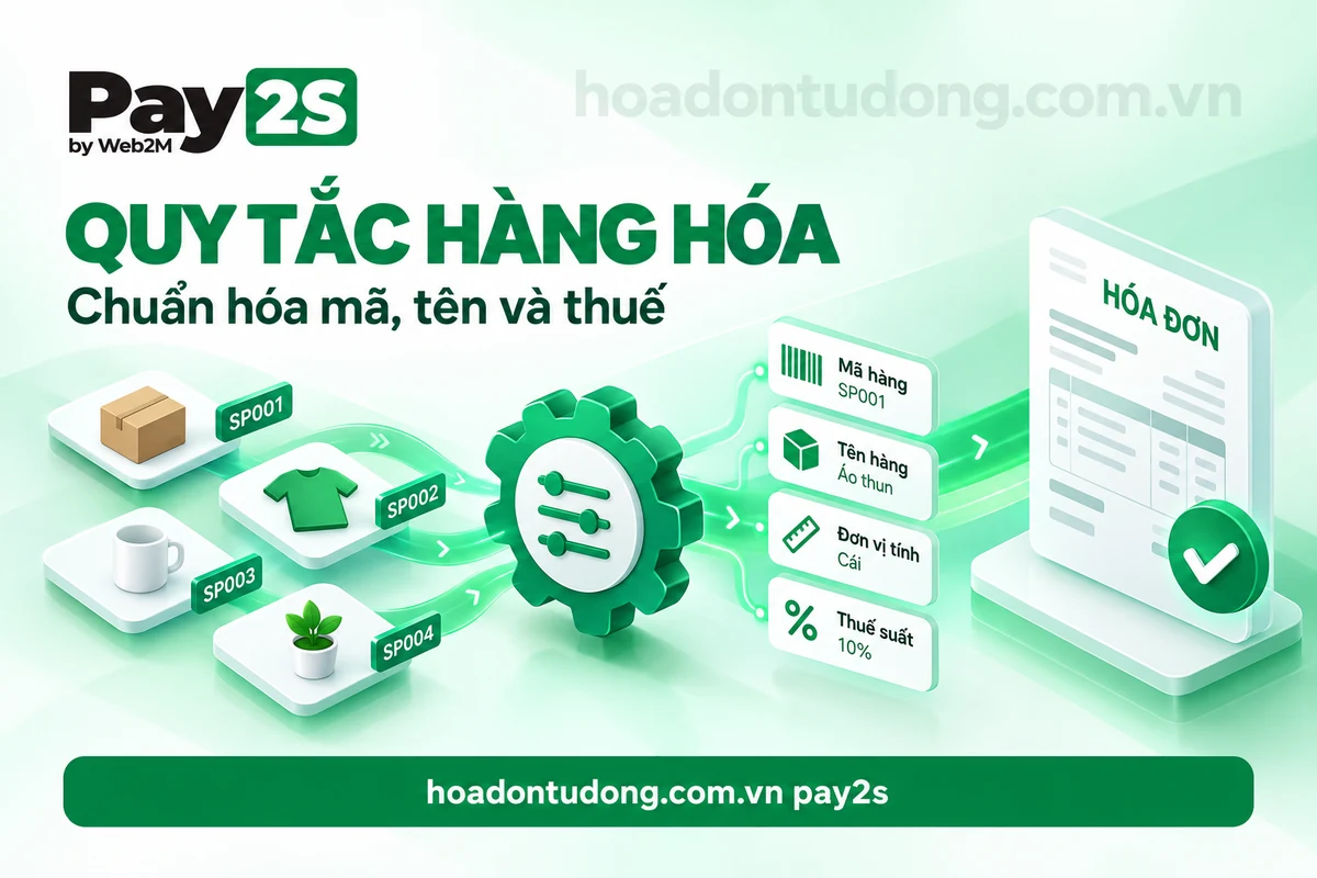 Quy tắc hàng hóa Pay2S: Ánh xạ mã, tên và thuế hóa đơn – minh họa Pay2S trên hoadontudong.com.vn.