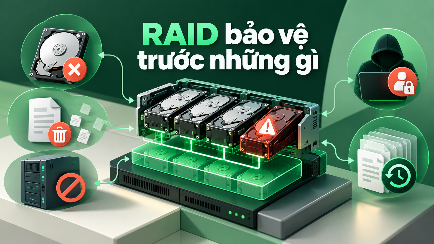 RAID bảo vệ trước những gì — minh họa nội dung bài RAID có thay backup không? Cách chọn bảo vệ dữ liệu máy chủ