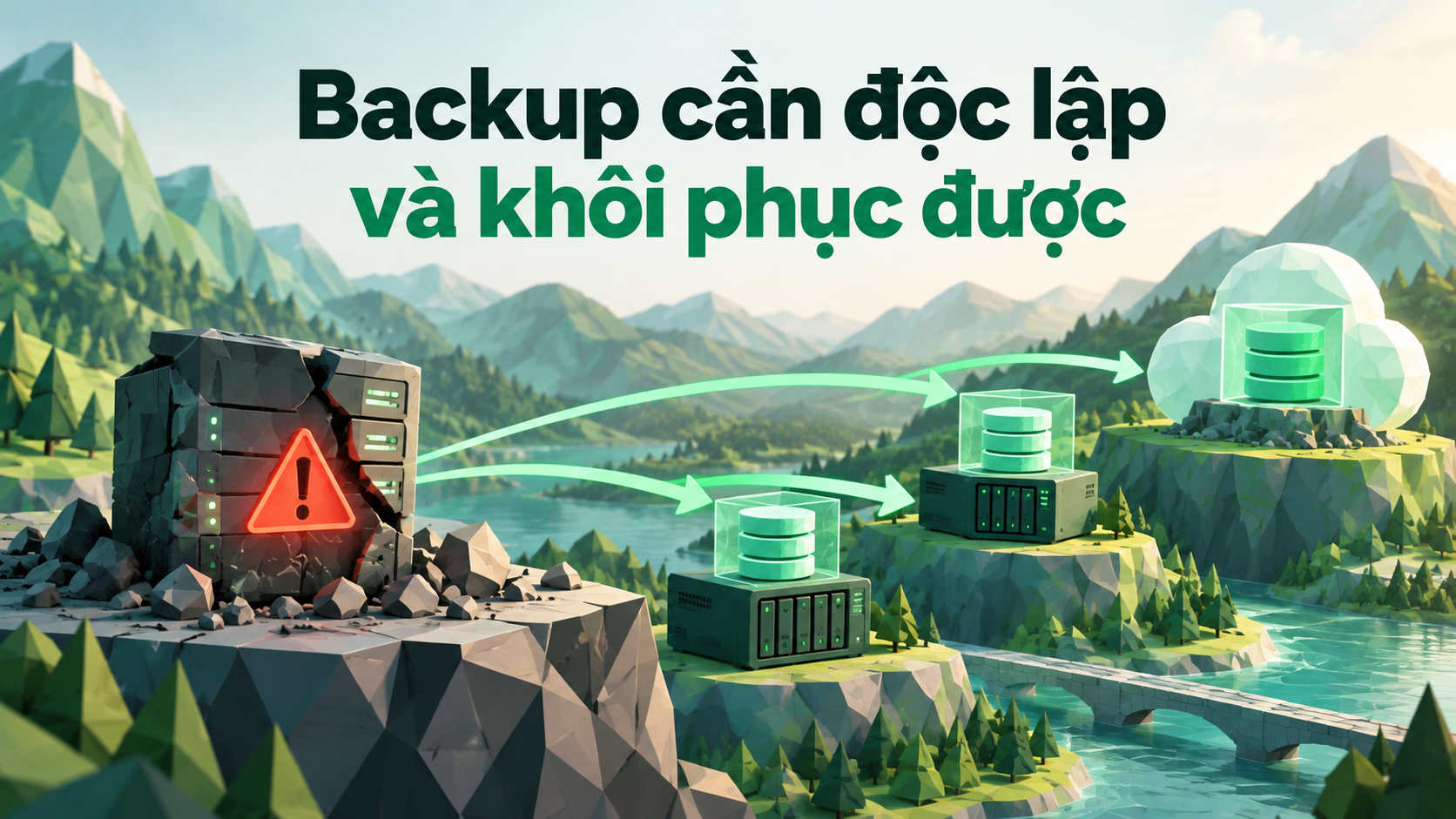 Backup cần độc lập và khôi phục được — minh họa nội dung bài RAID có thay backup không? Cách chọn bảo vệ dữ liệu máy chủ