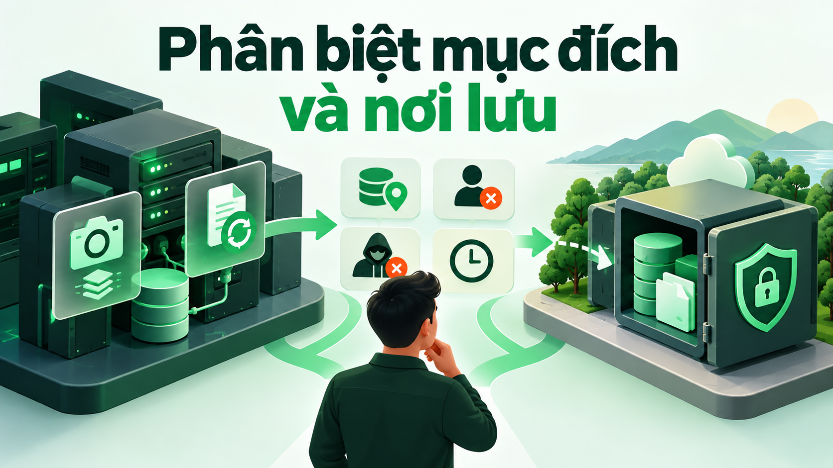 Phân biệt mục đích và nơi lưu — minh họa nội dung bài Snapshot và backup VPS: khác nhau và nên chọn thế nào